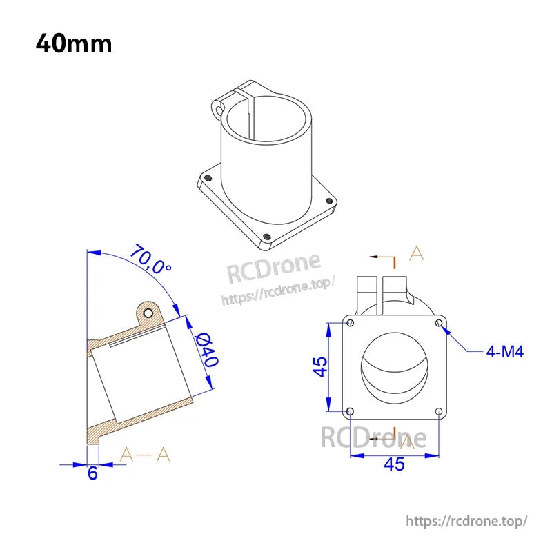 Technical drawing of 40mm aluminium tilt mount clamp with 45x45mm base plate and four M4 mounting holes