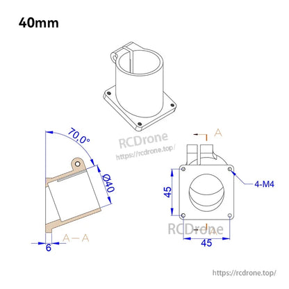 Technical drawing of 40mm aluminium tilt mount clamp with 45x45mm base plate and four M4 mounting holes