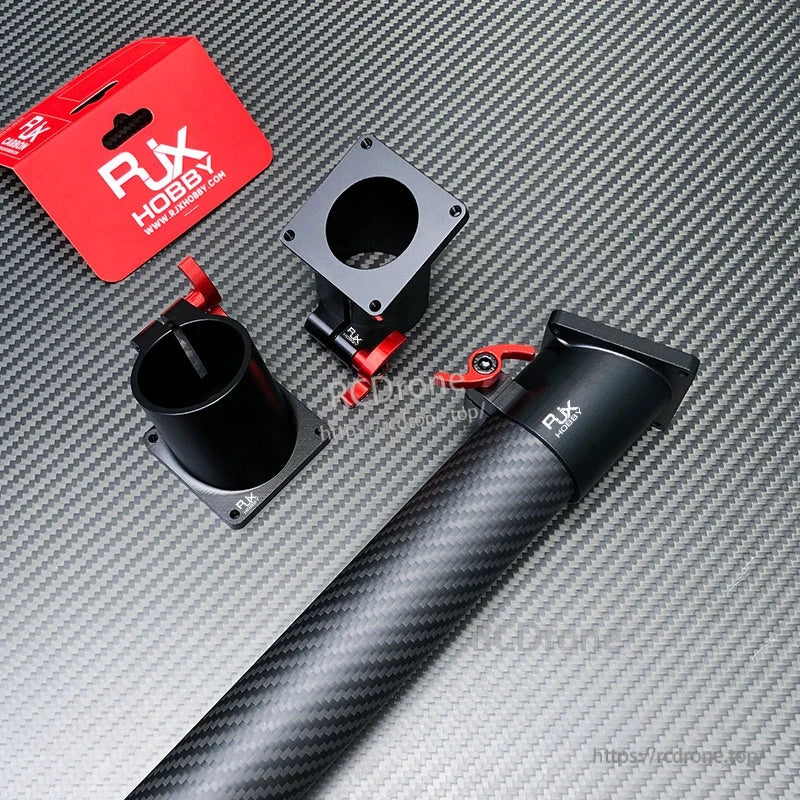 RJX Hobby quick release landing gear connector with carbon fiber tube, black aluminum clamp and red latch