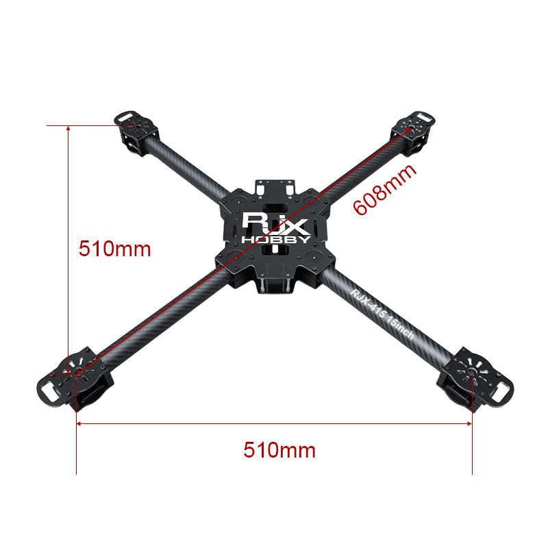 RJX 15-inch X-type quadcopter frame with carbon tube arms, 510mm width and 608mm motor-to-motor diagonal