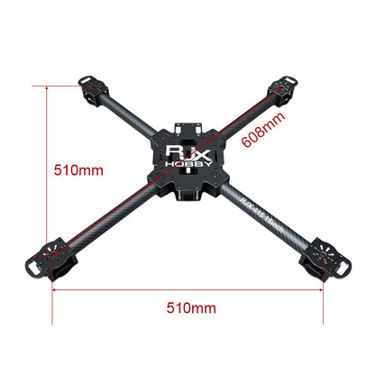 RJX 15-inch X-type quadcopter frame with carbon tube arms, 510mm width and 608mm motor-to-motor diagonal
