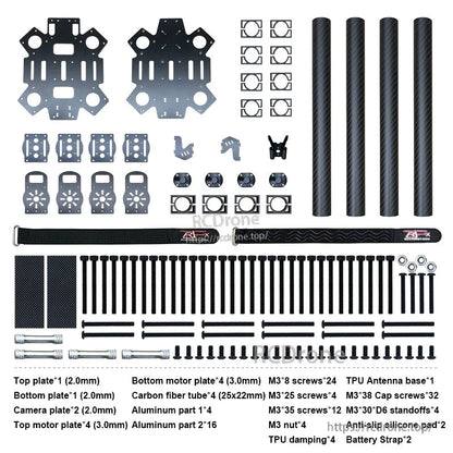 RJX X-type quadcopter frame kit parts layout with carbon tube arms, plates, motor mounts, screws, and straps