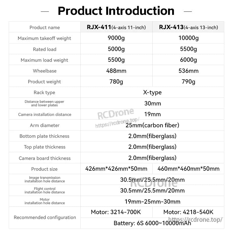 Specification table for RJX-411 and RJX-413 X-type quadcopter frames with weight, wheelbase, and mounting sizes