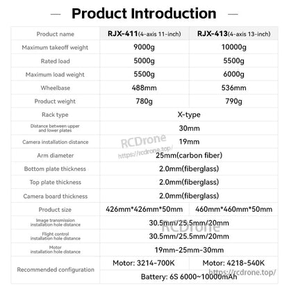 Specification table for RJX-411 and RJX-413 X-type quadcopter frames with weight, wheelbase, and mounting sizes