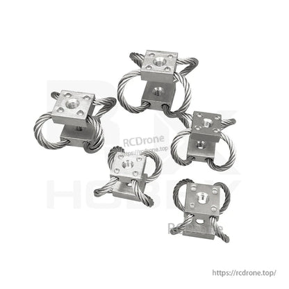 Set of four steel wire rope vibration isolators with threaded mounting blocks for RC UAV gimbal dampening