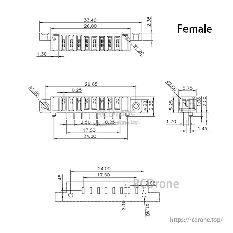 RJX 5 Pairs 8-Pin Drone Battery Connector, Dimensioned drawing of an 8-pin female drone battery connector with mounting ears and pin spacing measurements