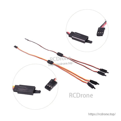 Y-shaped RC servo splitter cable with JR/Futaba-style 3-pin connectors and locking anti-loosening housings