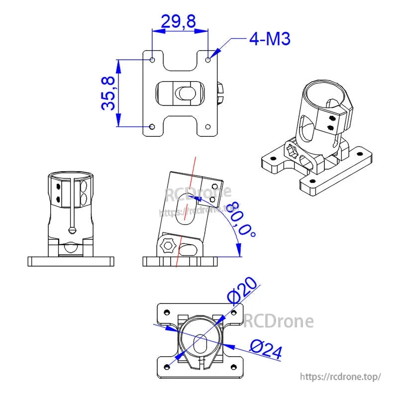 RJX 80° D20mm Landing Gear Fixed Connector, Technical drawing of RJX landing gear fixed connector with 80° tilt, Ø20 tube clamp, and 4x M3 mount holes