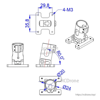 RJX 80° D20mm Landing Gear Fixed Connector, Technical drawing of RJX landing gear fixed connector with 80° tilt, Ø20 tube clamp, and 4x M3 mount holes