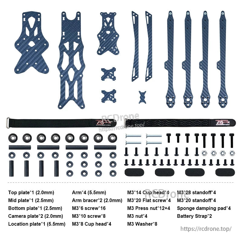 RJX A1 10-inch carbon fiber FPV drone frame kit parts laid out with plates, four arms, hardware and battery straps