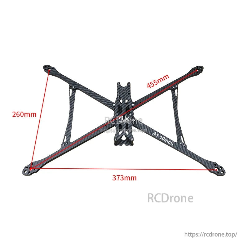 RJX A1 10-inch carbon fiber FPV drone frame kit in X layout with marked dimensions 455mm, 373mm, and 260mm