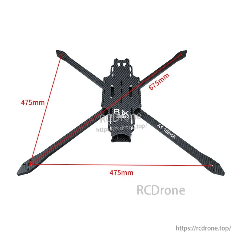 RJX A1 15-inch carbon fiber FPV drone frame in X layout with four arms and marked 475mm and 675mm dimensions