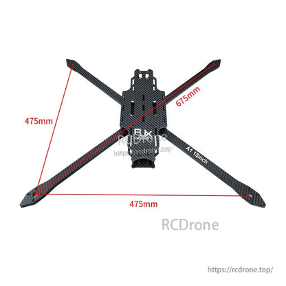 RJX A1 15-inch carbon fiber FPV drone frame in X layout with four arms and marked 475mm and 675mm dimensions