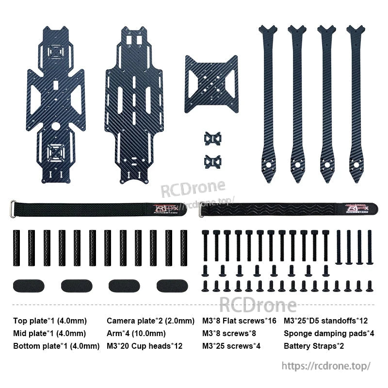 RJX A1 15-inch carbon fiber FPV drone frame kit with top/mid/bottom plates, 4 arms, hardware and straps