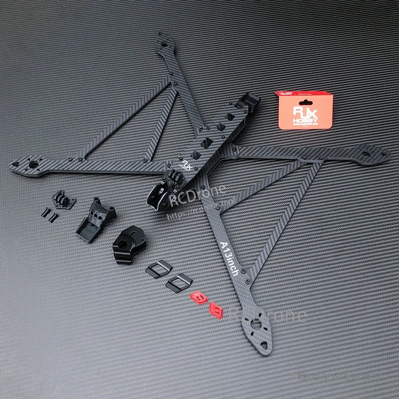 RJX A13 13-inch carbon fiber X-class FPV drone frame kit with arms, mounts, and hardware parts