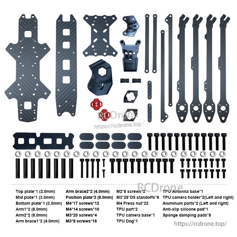 RJX A13 13-inch X-class FPV drone frame kit with carbon fiber plates, arms, TPU mounts, and hardware set