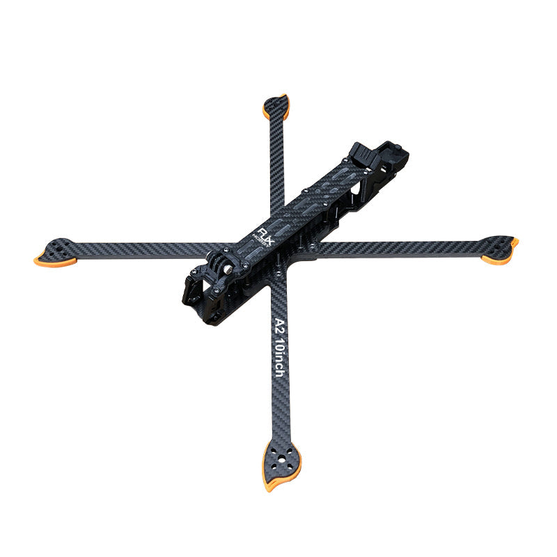 RJX A2 10-inch carbon fiber FPV drone frame kit with X-shaped arms and orange motor pad corners