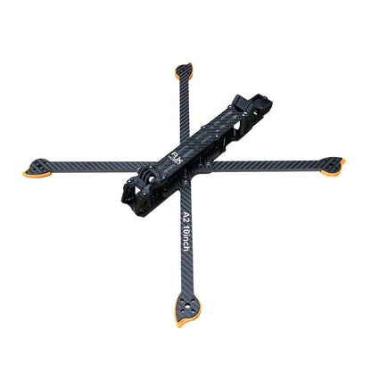RJX A2 10-inch carbon fiber FPV drone frame kit with X-shaped arms and orange motor pad corners