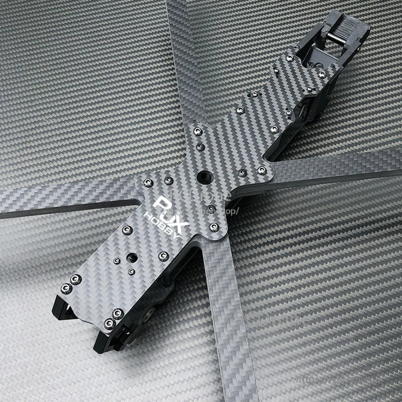 RJX Hobby carbon fiber FPV drone frame kit in X layout with carbon arms, metal hardware, and camera mounts