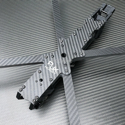 RJX Hobby carbon fiber FPV drone frame kit in X layout with carbon arms, metal hardware, and camera mounts