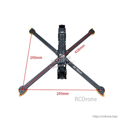 Top view of RJX A2 10-inch carbon fiber FPV drone frame kit with 418mm diagonal and 295mm arm span markings