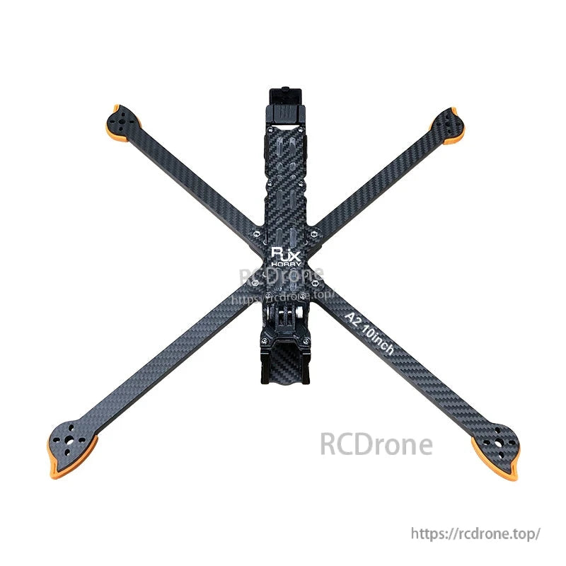 Top view of RJX A2 10-inch carbon fiber FPV racing drone frame kit with X arms and orange motor mounts