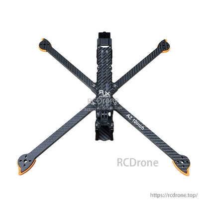 Top view of RJX A2 10-inch carbon fiber FPV racing drone frame kit with X arms and orange motor mounts