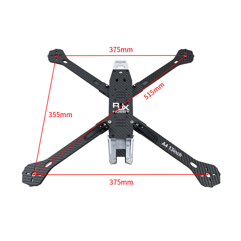 Top view of RJX A4 13-inch carbon fiber FPV drone frame with 375mm width and 515mm diagonal dimensions