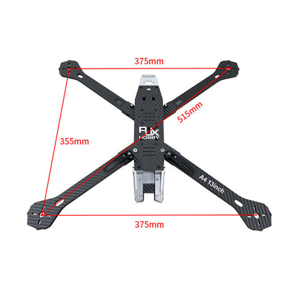 Top view of RJX A4 13-inch carbon fiber FPV drone frame with 375mm width and 515mm diagonal dimensions