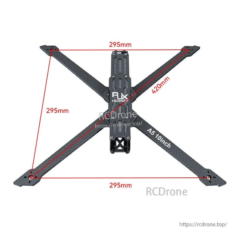 RJX A5 10-inch carbon fiber FPV drone frame kit with X layout, 295mm span and 420mm diagonal