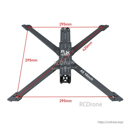 RJX A5 10-inch carbon fiber FPV drone frame kit with X layout, 295mm span and 420mm diagonal
