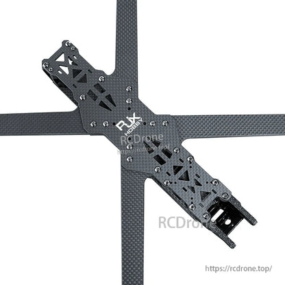 RJX A5 carbon fiber FPV racing drone frame kit with X-style arms, center plates, and mounting hardware