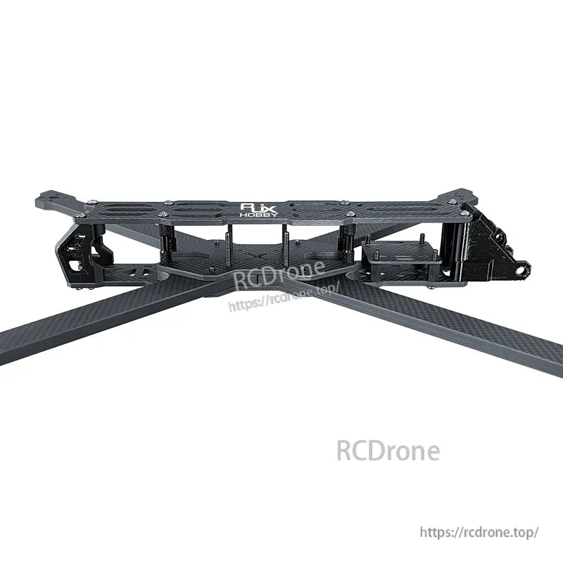 RJX A5 carbon fiber FPV racing drone frame kit with long arms, standoffs, and top plate side view