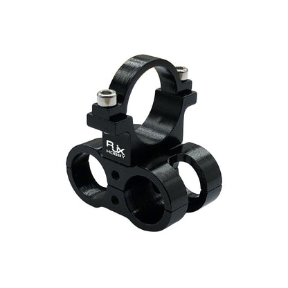 RJX AS150 holder mount clamp in black aluminum with dual connector slots and top ring bracket
