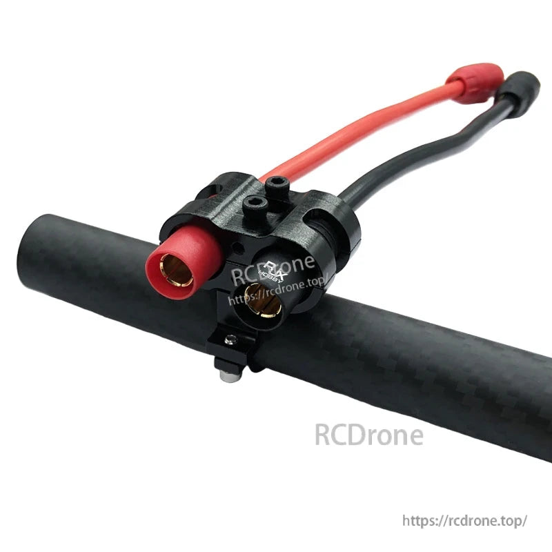 RJX AS150 holder mount clamp on a carbon tube holding red and black AS150 power connectors