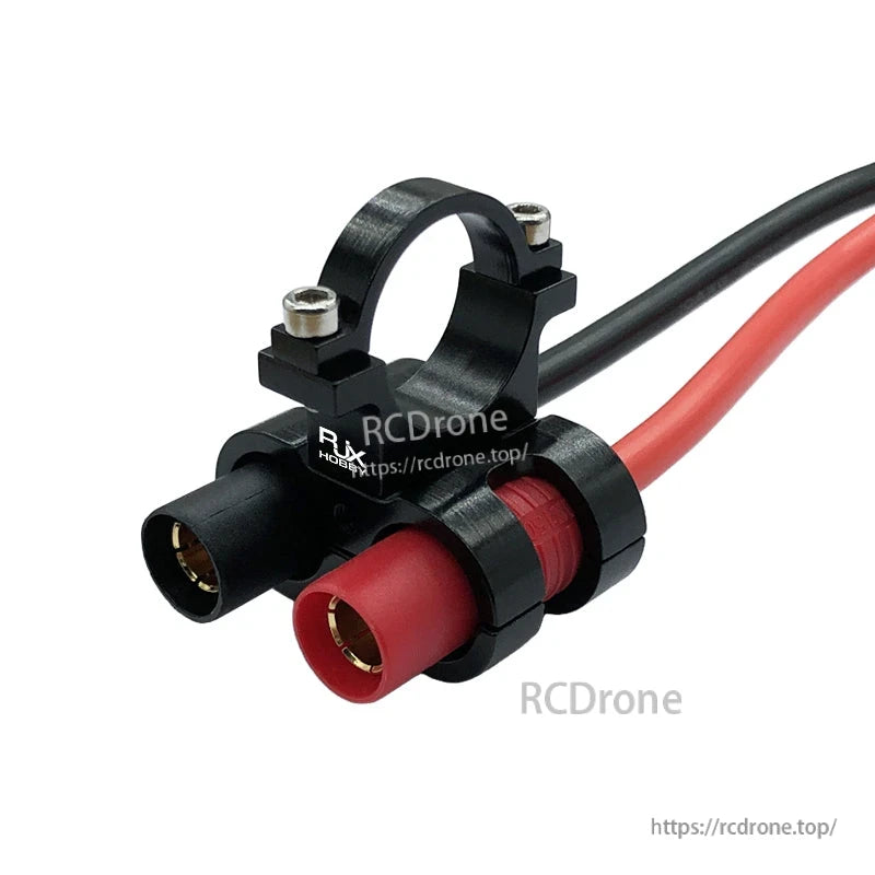 RJX AS150 Holder Mount, RJX AS150 connector holder mount with black clamp bracket, red and black power leads, and screw fasteners