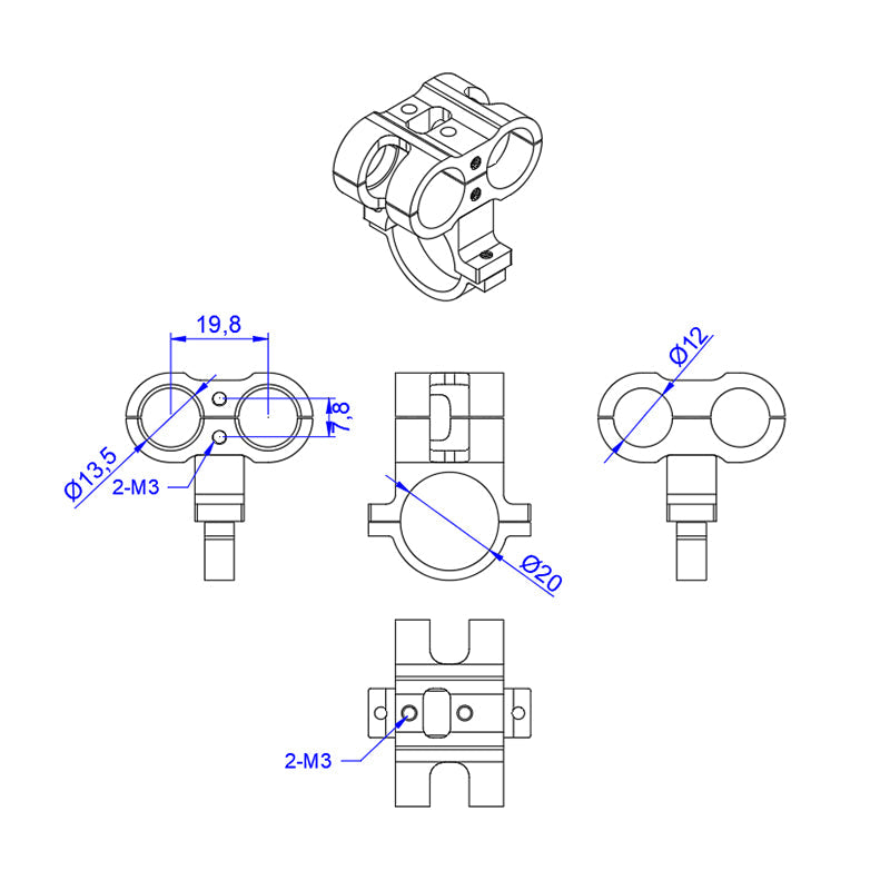 Technical drawing of RJX AS150 holder mount clamp with M3 screw holes and Ø20/Ø12/Ø13.5 dimensions