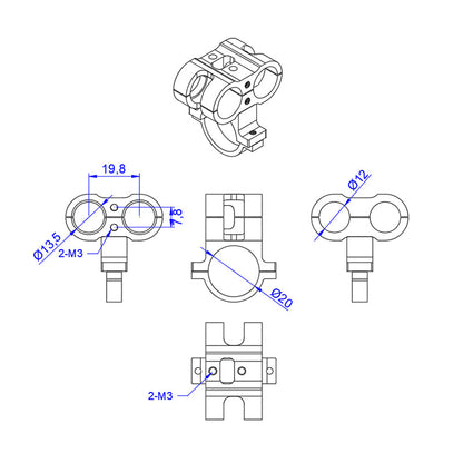Technical drawing of RJX AS150 holder mount clamp with M3 screw holes and Ø20/Ø12/Ø13.5 dimensions