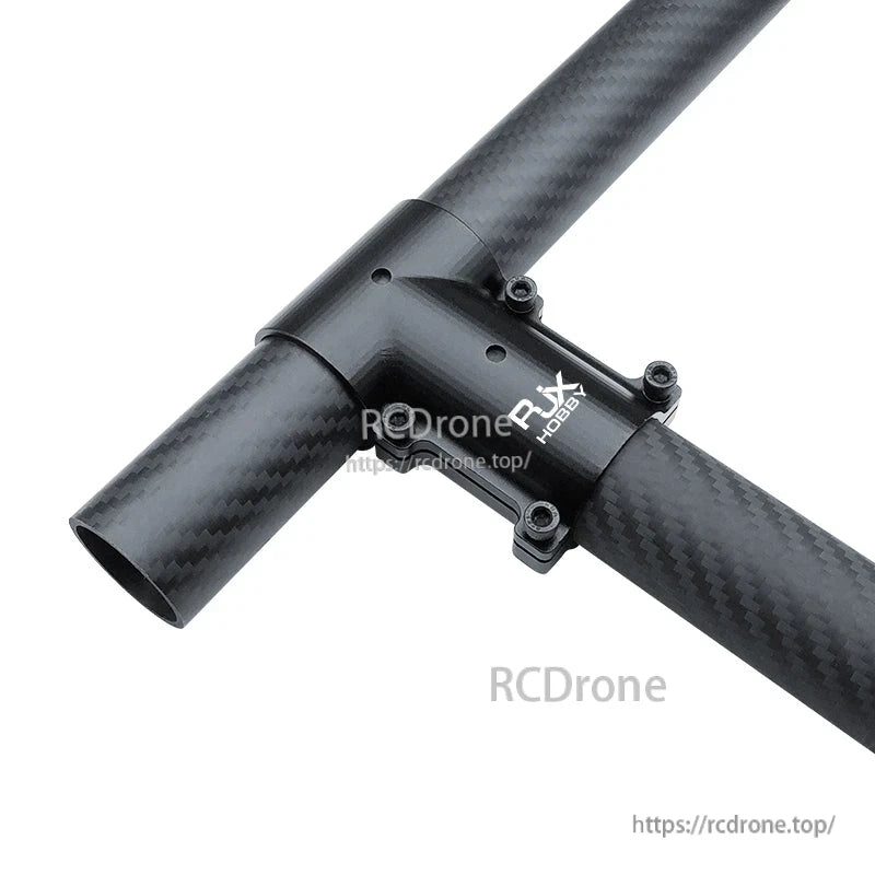RJX aluminum 30mm tee joint landing gear connector adapter clamped to carbon fiber tubes with four screws