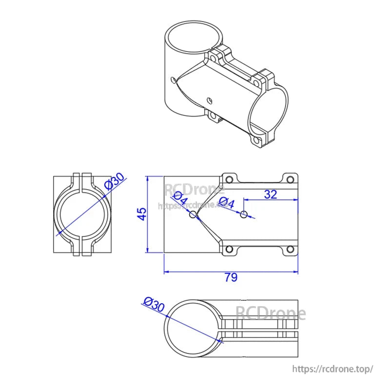 Technical drawing of an aluminum 30mm-to-30mm tee joint landing gear connector with Ø4 holes and 79mm length