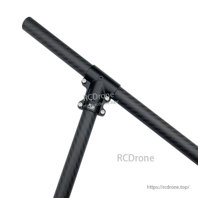 RJX aluminum 70° tee joint connector clamped to 18mm carbon fiber tubes for UAV drone landing gear