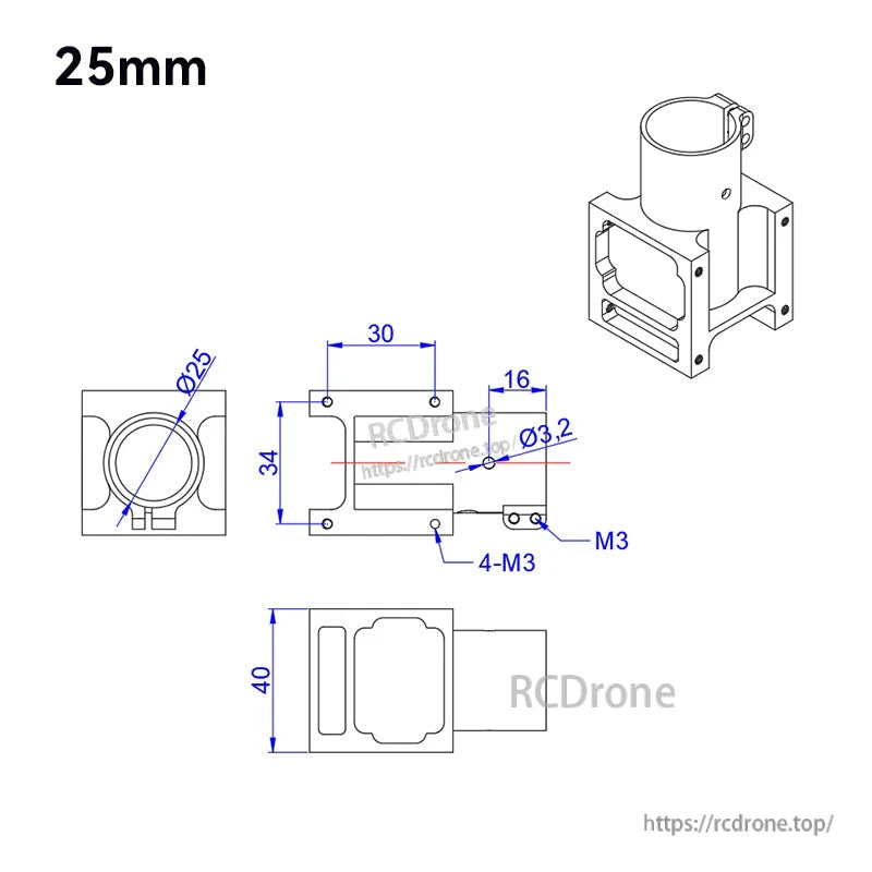 Dimensioned drawing of RJX aluminum alloy center plate mount holder with 25mm clamp and M3 screw holes