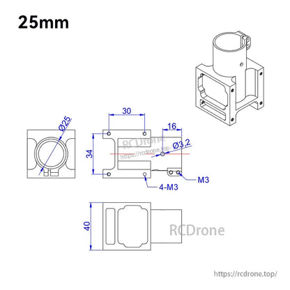Dimensioned drawing of RJX aluminum alloy center plate mount holder with 25mm clamp and M3 screw holes