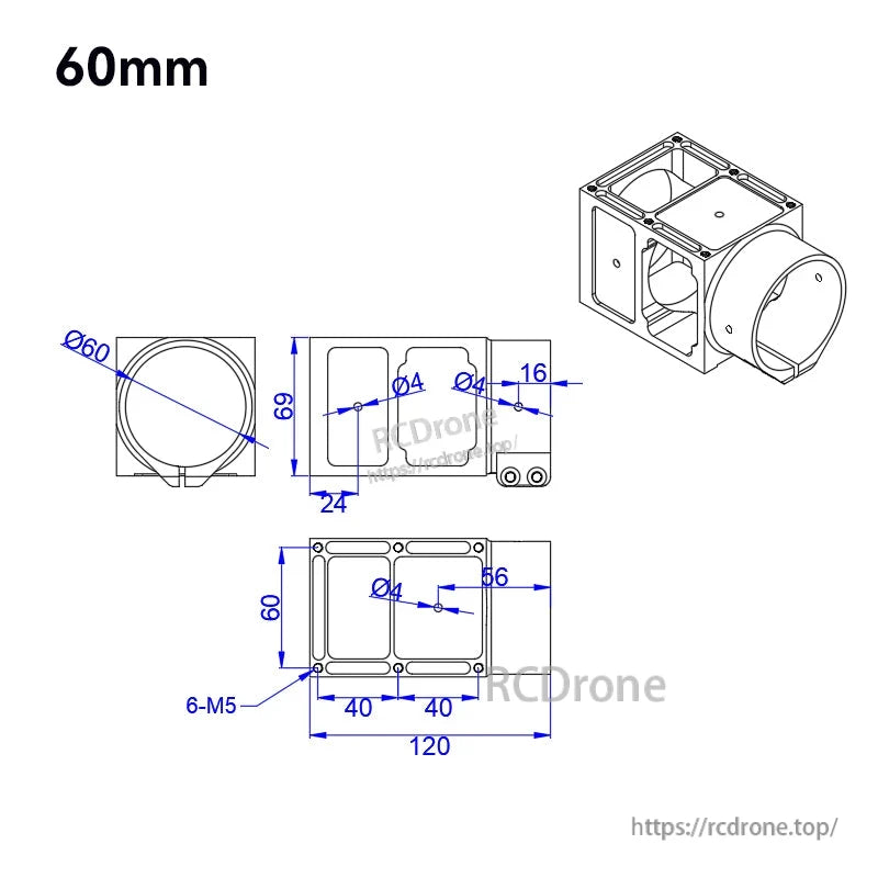 Technical drawing of RJX aluminum alloy center plate mount holder with 60mm ring and 120mm base dimensions