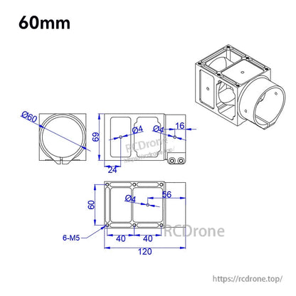 Technical drawing of RJX aluminum alloy center plate mount holder with 60mm ring and 120mm base dimensions