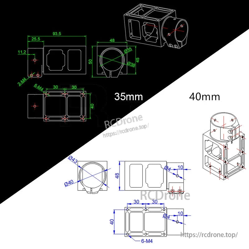 Technical drawing of RJX aluminum alloy center plate mount holder with 35mm and 40mm clamp dimensions