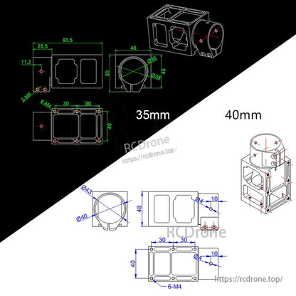 Technical drawing of RJX aluminum alloy center plate mount holder with 35mm and 40mm clamp dimensions