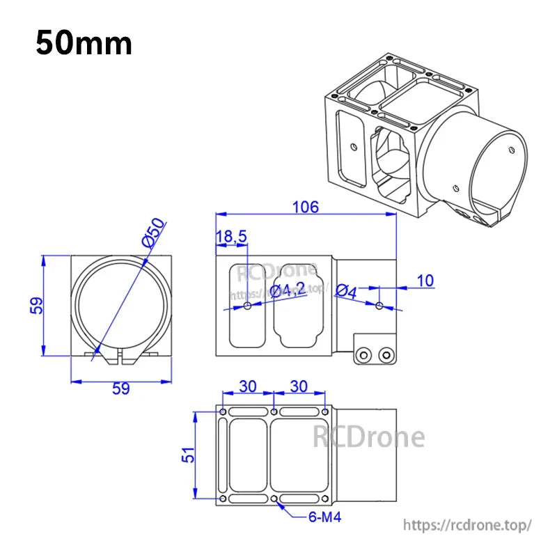 Technical drawing of RJX aluminum alloy center plate mount holder with 50mm clamp and 106mm overall length
