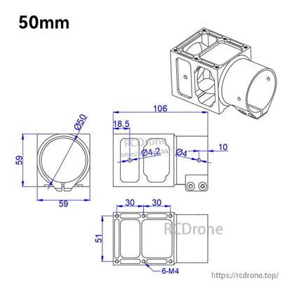 Technical drawing of RJX aluminum alloy center plate mount holder with 50mm clamp and 106mm overall length