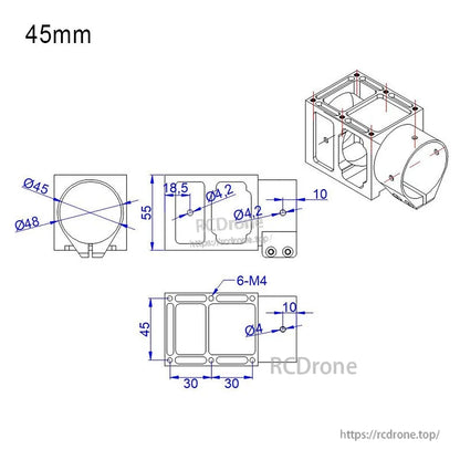 Dimensioned drawing of RJX aluminum alloy center plate mount holder with 45mm clamp and M4 mounting holes